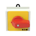 T0-1-8200/IVS-RT Przełącznik Zał.-Wył., 1 bieg., 20 A, funkcja awaryjnego zatrzymania, 90 °, montaż na szynę TH, pokrętło czerwono-żółte bez możliwości blokady