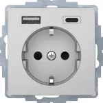 Q.x Gniazdo SCHUKO z ładowarką USB A+C 2.4/3.0 A; samozaciski; alu aksamit