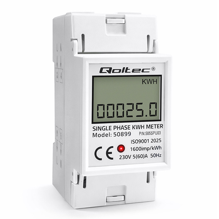 Qoltec Jednofazowy elektroniczny licznik | miernik zużycia energii na szynę DIN | 230V | 60A |  LCD | 2P