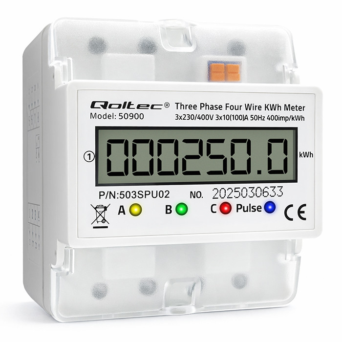 Qoltec Trójfazowy elektroniczny licznik | miernik zużycia energii na szynę DIN | 400V | 100A | LCD | 4P