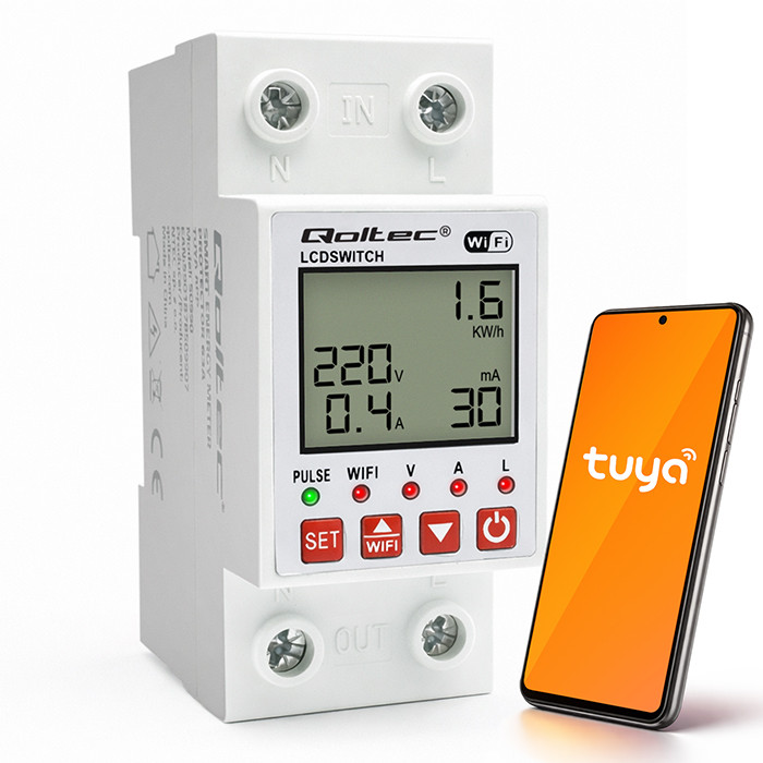 Qoltec Jednofazowy elektroniczny Przekaźnik Licznik zużycia energii 63A na szynę DIN | Timer | Tuya | Wi-Fi | LED
