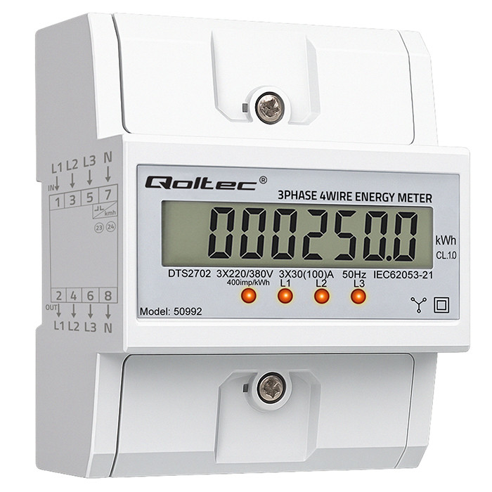 Qoltec Trójfazowy elektroniczny licznik | miernik zużycia energii na szynę DIN | 400V | 100A | LCD | 4P
