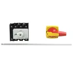 P3-100/M4/N/K2-PR Rozłącznik główny, 3 bieg. + N, 100 A, funkcja awaryjnego zatrzymania, blok. na kłódkę w pozycji Wył., z 400 mm metalową osią, montaż rozłączny, pokrętło K2 czerwono-żółte z blokadą na kłódkę