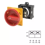 T3-1-102/V/SVB Rozłącznik główny, 2 bieg., 32 A, funkcja awaryjnego zatrzymania, 90 °, blok. na kłódkę w pozycji Wył., montaż rozłączny, pokrętło czerwono-żółty z blokadą na kłódkę