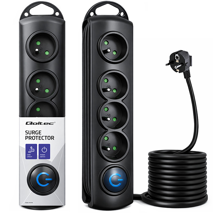 Qoltec Listwa zasilająca antyprzepięciowa | 4 gniazda | 1.5m | Czarna