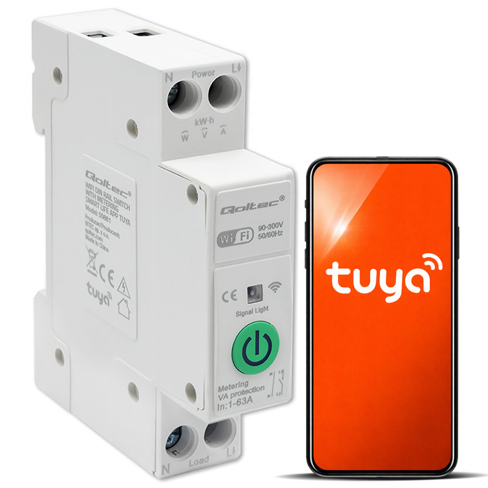 Qoltec Przekaźnik 63A na szynę DIN z licznikiem energii elektrycznej | TUYA | Wi-Fi | SMART LIFE