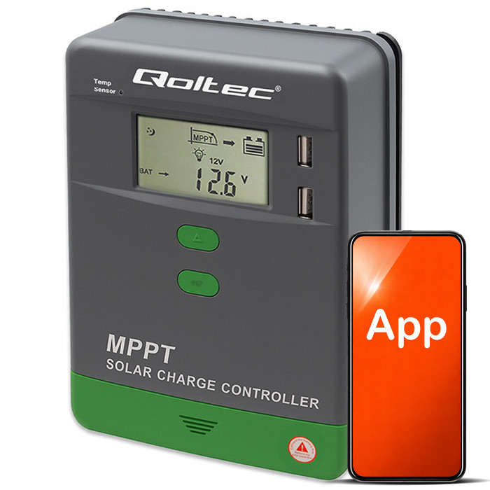 Qoltec Solarny regulator ładowania MPPT z czujnikiem temperatury 40A |12V / 24V | LCD | 2 x USB | Bluetooth | APP | GEL | LiFePO4