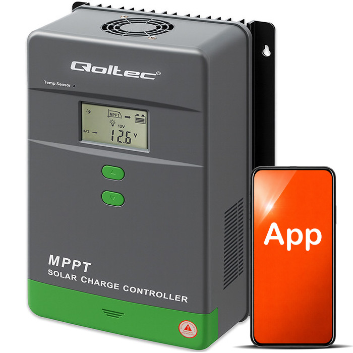 Qoltec Solarny regulator ładowania MPPT z czujnikiem temperatury 60A |12V / 24V | LCD | Bluetooth | APP | GEL | LiFePO4