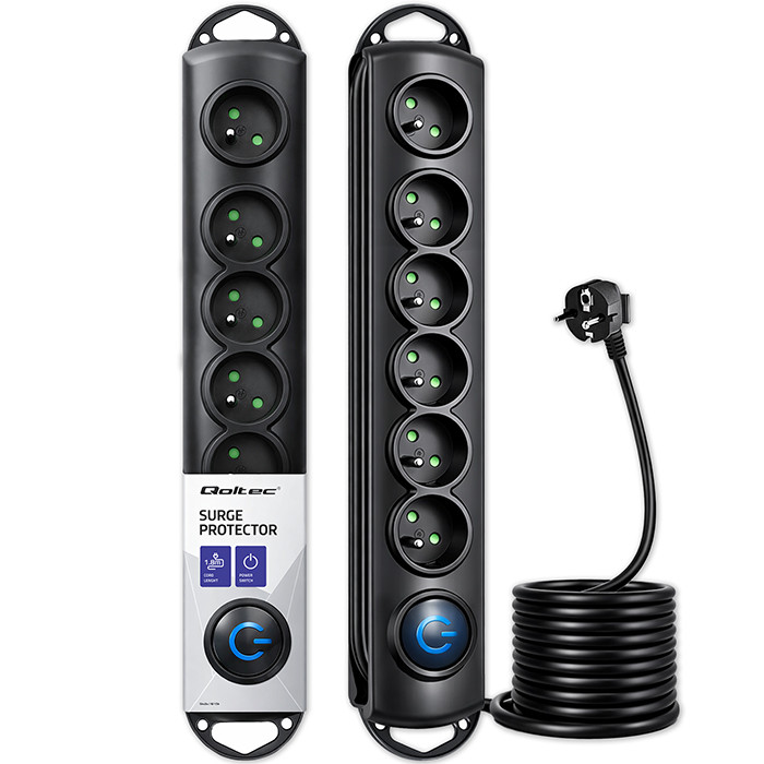 Qoltec Listwa zasilająca antyprzepięciowa | 6 gniazd | 1.8m | Czarna