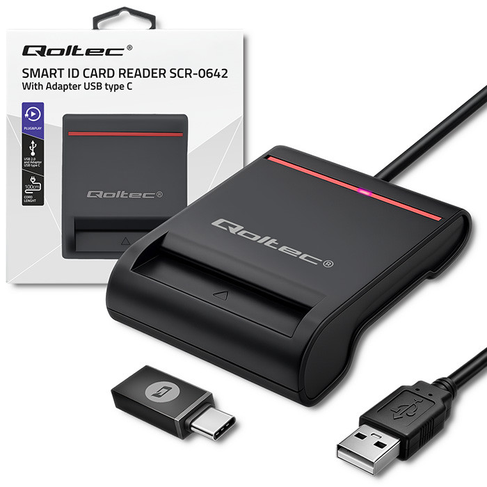 Qoltec Inteligentny czytnik  chipowych kart ID SCR-0642 | USB 2.0 + Adapter USB-C