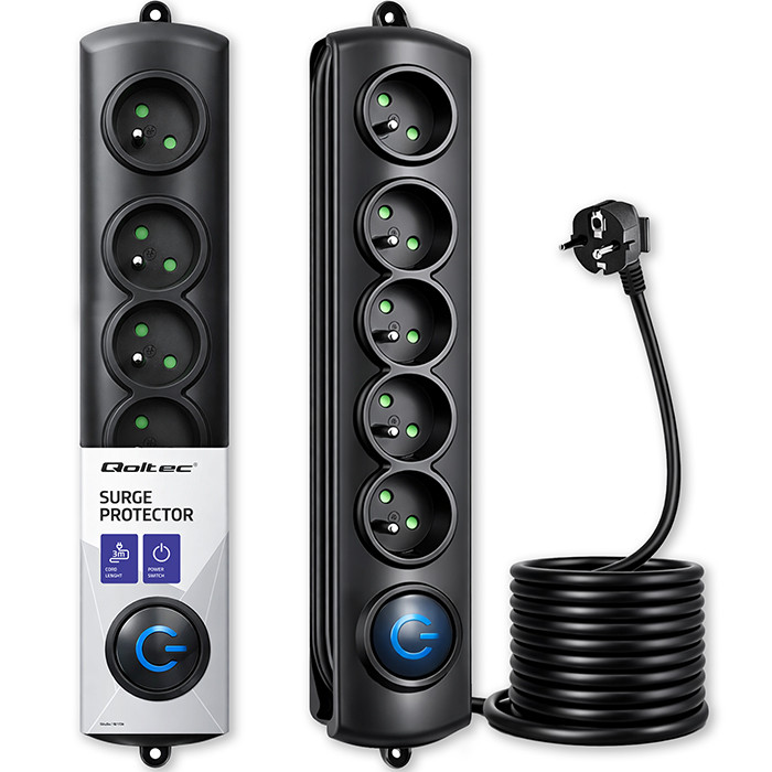 Qoltec Listwa zasilająca antyprzepięciowa | 5 gniazd | 3m | Czarna