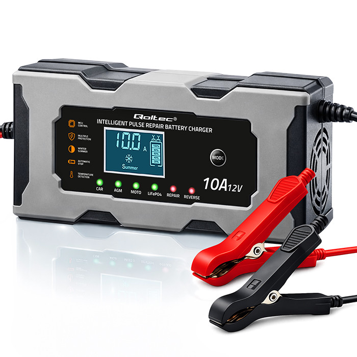 Qoltec Inteligentna mikroprocesorowa ładowarka 12V 10A | Prostownik z funkcją naprawy do akumulatora AGM GEL LiFePO4 | LCD