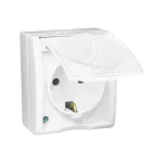 Simon Aquarius WMQW-32111x-1011 Gniazdo wtyczkowe z uziemieniem Schuko bryzgoszczelne IP54, klapka biała, z przesłonami torów prądowych, 16A, 250V~, zaciski śrubowe; biały