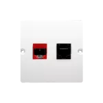 Simon Basic WMUM-0500x2-1011 Gniazdo komputerowe RJ45 kat.5e + telefoniczne RJ12 (moduł). Montaż gniazda na wkręty do puszki; biały