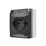 Simon Aquaclick WA-CGZ1Cxx-xx-16Ax Gniazdo wtyczkowe natynkowe, pojedyncze z uziemieniem, klapka transparentna, IP44, 16A, 250V~, szybkozłącza; szary *Dostępny do wyczerpania stanów magazynowych
