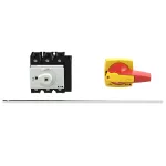 P3-80/M4/K2-PR/HI11 Rozłącznik główny, 3 bieg., 80A+1NO+1NC, blok. na kłódkę w pozycji Wył. i Zał., z 400 mm metalową osią, montaż rozłączny, pokrętło żółt.-czerw. z blokadą na kłódkę