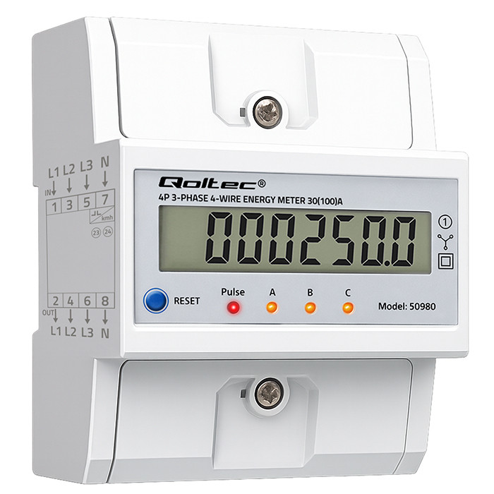 Qoltec Trójfazowy elektroniczny licznik z resetem | miernik zużycia energii na szynę DIN  | 400V | 100A | LCD | LED | 4P