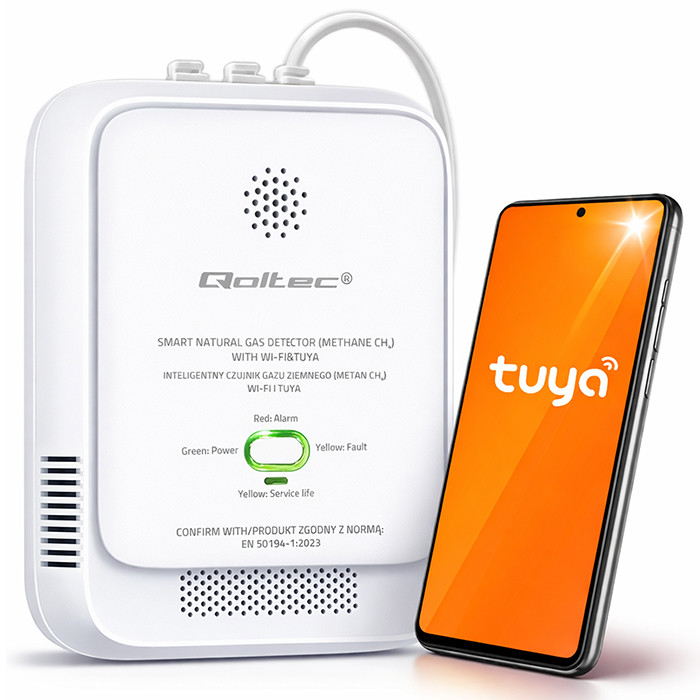 Qoltec Certyfikowany Czujnik wycieku gazu ziemnego | detektor CH4 | NG | Tuya | Wi-Fi | alarm 85dB | LED 