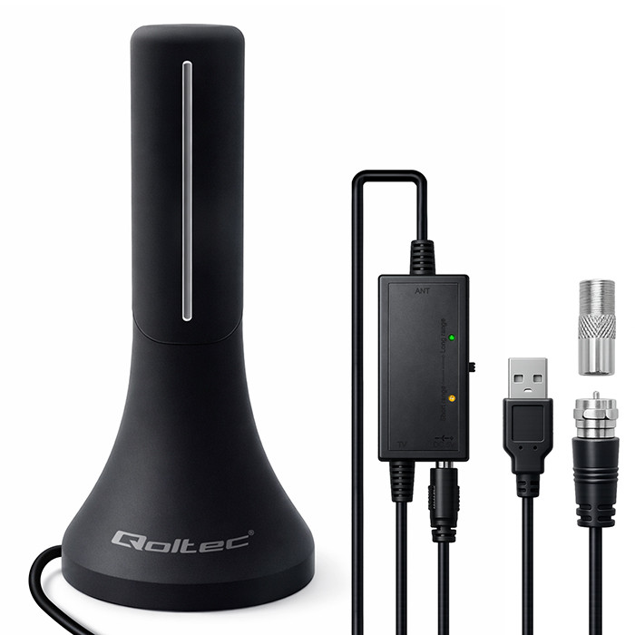 Qoltec Wewnętrzna mocna Antena TV DVB-T/T2 |  wzmacniacz sygnału | 4K | wysoki zysk 32dBi | 360º | Kabel 4m