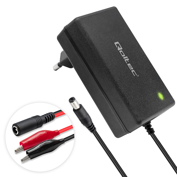 Qoltec Automatyczna ładowarka do akumulatora AGM GEL STD | Prostownik 12V | 2A | 24W | 5.5x2.1 | Kabel 1.8m
