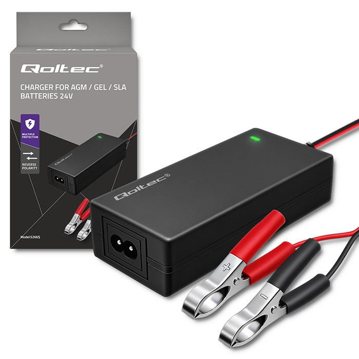 Qoltec Automatyczna ładowarka do akumulatora AGM GEL STD | Prostownik 24V | 2A | 48W | LED | Kabel 1.8m