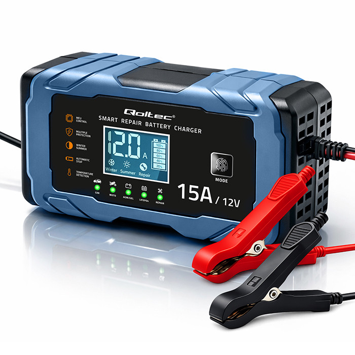 Qoltec Inteligentna mikroprocesorowa ładowarka 12V 15A | Prostownik z funkcją naprawy | AGM GEL LiFePO4 | 9- stopniowe ładowanie 