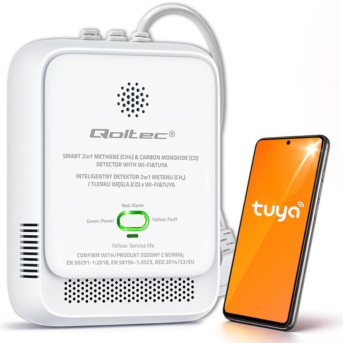 Qoltec Certyfikowany Czujnik 2w1 wycieku gazu ziemnego i tlenku węgla (czadu) | detektor CH4 | CO | NG | Tuya | Wi-Fi | alarm 85dB | LED