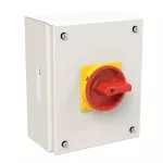 P3-80/SE3/SVB/N Rozłącznik ZAŁ-WYŁ, 3 bieg.+N, 80A, w obudowie ze stali, pokrętło czerwono-żółte z blokadą na kłódkę
