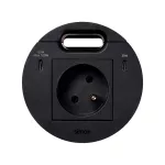 Simon 400 TS4-KR3520001-14 S400 Flash90 K45, meblowe gniazdo zasilające z uziemieniem (bolec uziemiający) z ładowarką USB-C 100W i przepustem kablowym, IP20, 16A, czarny, wym. montażowe: Ø80mm;czarny