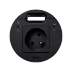 Simon 400 TS4-KR3321301-14 S400 Flash90 K45,meblowe gniazdo zasilające z uziemieniem (bolec uziemiający) z ładowarką USB-C 20W, portem USB-C DATA i przepustem kablowym – stacja dokująca 1x HDMI + LAN + 3x USB-A;czarny