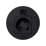 Simon 400 TS4-KR3320023-14 S400 Flash90 K45,meblowe gniazdo zasilające z uziemieniem (bolec uziemiający) z ładowarką USB-C 20W i złączem RJ45 kat. 6 UTP (mocowanie Keystone);czarny