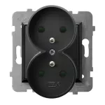 ARIA Gniazdo podwójne z uziemieniem z przesłonami torów prądowych, moduł bez ramki - kolor czarny matowy GP-2URZP/m/33