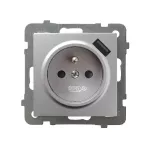 AS Gniazdo pojedyncze z uziemieniem z przesłonami torów prądowych, z ładowarką USB - kolor srebro