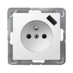 IMPRESJA Gniazdo pojedyncze z uziemieniem z przesłonami torów prądowych, z ładowarką USB - kolor biały