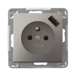 IMPRESJA Gniazdo pojedyncze z uziemieniem z przesłonami torów prądowych, z ładowarką USB - kolor tytan