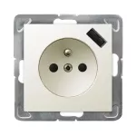 IMPRESJA Gniazdo pojedyncze z uziemieniem z przesłonami torów prądowych, z ładowarką USB - kolor ecru