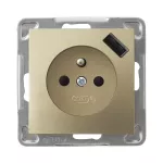 IMPRESJA Gniazdo pojedyncze z uziemieniem z przesłonami torów prądowych, z ładowarką USB - kolor złoty metalik