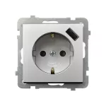 SONATA Gniazdo pojedyncze z uziemieniem schuko z przesłonami torów prądowych, z ładowarką USB - kolor srebro mat