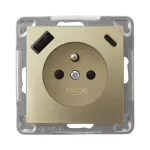 IMPRESJA Gniazdo pojedyncze z uziemieniem z przesłonami torów prądowych, z ładowarką USB A+C - kolor złoty metalik