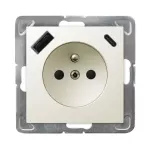 IMPRESJA Gniazdo pojedyncze z uziemieniem z przesłonami torów prądowych, z ładowarką USB A+C - kolor ecru