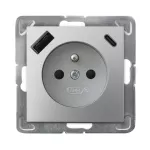 IMPRESJA Gniazdo pojedyncze z uziemieniem z przesłonami torów prądowych, z ładowarką USB A+C - kolor srebro