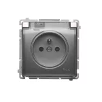 Simon Basic WMUW-53111x-4021 Gniazdo wtyczkowe z uziemieniem, z przesł. torów prądowych, bryzgoszczelne IP44 (moduł) 16A, 250V~, zaciski śrubowe, klapka transp.; srebrny mat