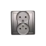 Simon Basic WMUW-10211z-J011 Gniazdo wtyczkowe z uziemieniem podwójne, monoblok, z przesłonami torów prądowych 16A, 250V~, zaciski śrubowe; stal inox Kompletne - nie do ramek