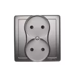 Simon Basic WMUW-10201x-J011 Gniazdo wtyczkowe bez uziemienia podwójne, monoblok, z przesłonami torów prądowych 16A, 250V~, zaciski śrubowe; stal inox Kompletne - nie do ramek