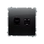 Simon Basic WMUK-0640xx-Y011 Gniazdo komputerowe RJ45, kategoria 6, podwójne ekranowane z przesłoną przeciwkurzową (moduł). Montaż na łapki lub wkręty; czarny