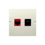 Simon Basic WMUM-0500x2-9011 Gniazdo komputerowe RJ45 kat.5e + telefoniczne RJ12 (moduł). Montaż gniazda na wkręty do puszki; beż