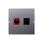 Simon Basic WMUM-0500x2-J011 Gniazdo komputerowe RJ45 kat.5e + telefoniczne RJ12 (moduł). Montaż gniazda na wkręty do puszki; stal inox