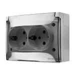 Simon Aquaclick WA-CGSZ2Zx-xx-11Ax Gniazdo wtyczkowe natynkowe, Schuko, podwójne kompaktowe, klapka transparentna, z przesłonami, IP44, 16A, 250V~, zaciski śrubowe; biały