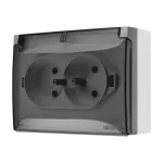Simon Aquaclick WA-ACGZ2Zx-xx-16Ax Gniazdo wtyczkowe natynkowe, podwójne kompaktowe z uziem., klapka transparentna z przesł. torów prąd., IP44, Σ16A, 250V~, zaciski śrubowe; szary