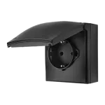Simon Aquaclick WA-CGSZ1CZ-xx-49xx Gniazdo wtyczkowe natynkowe, Schuko, pojedyncze, klapka w kolorze pokrywy, z przesłonami torów prądowych, IP44, 16A, 250V~, szybkozłącza; czarny
